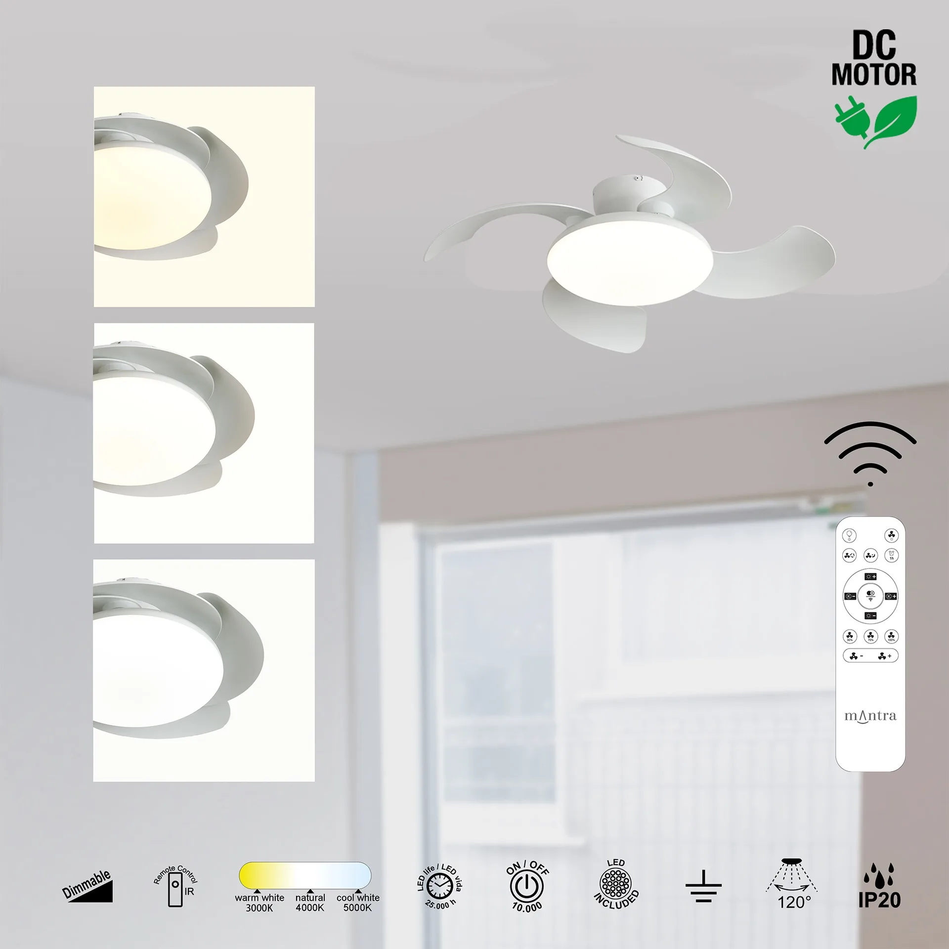 Ventilador plafón Aloha II con aspas retráctiles y LED regulable Ventilador de techo tipo plafón Aloha II con aspas retráctiles, motor DC y luz LED regulable