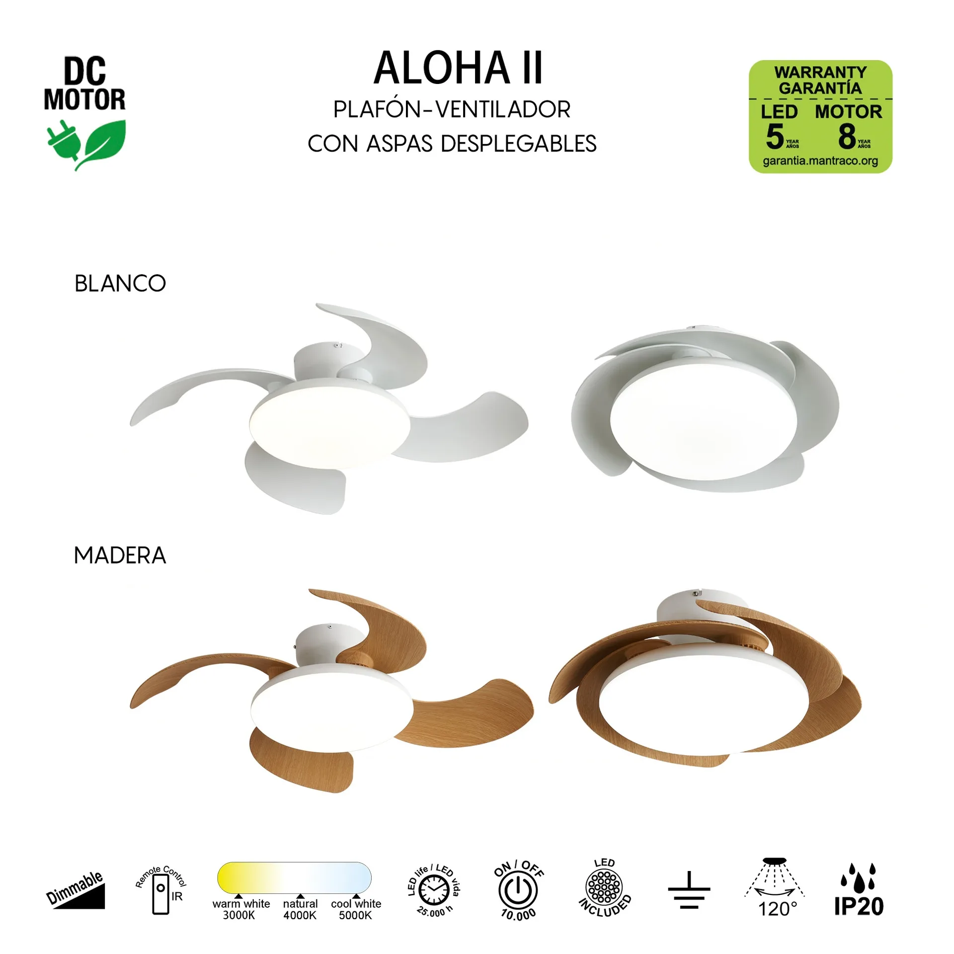 Ventilador plafón Aloha II con aspas retráctiles y LED regulable Ventilador de techo tipo plafón Aloha II con aspas retráctiles, motor DC y luz LED regulable
