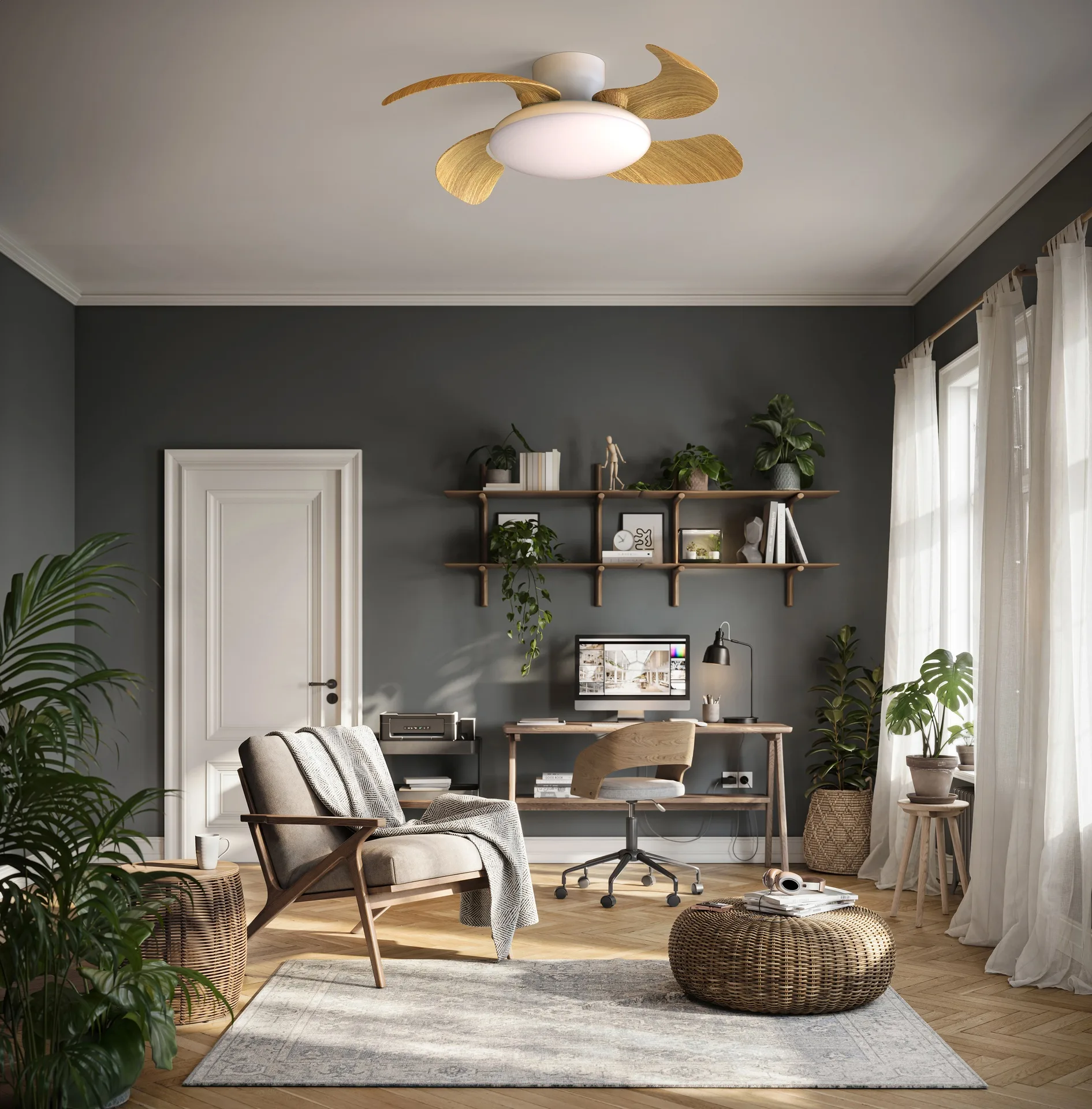 Ventilador plafón Aloha II con aspas retráctiles y LED regulable Ventilador de techo tipo plafón Aloha II con aspas retráctiles, motor DC y luz LED regulable