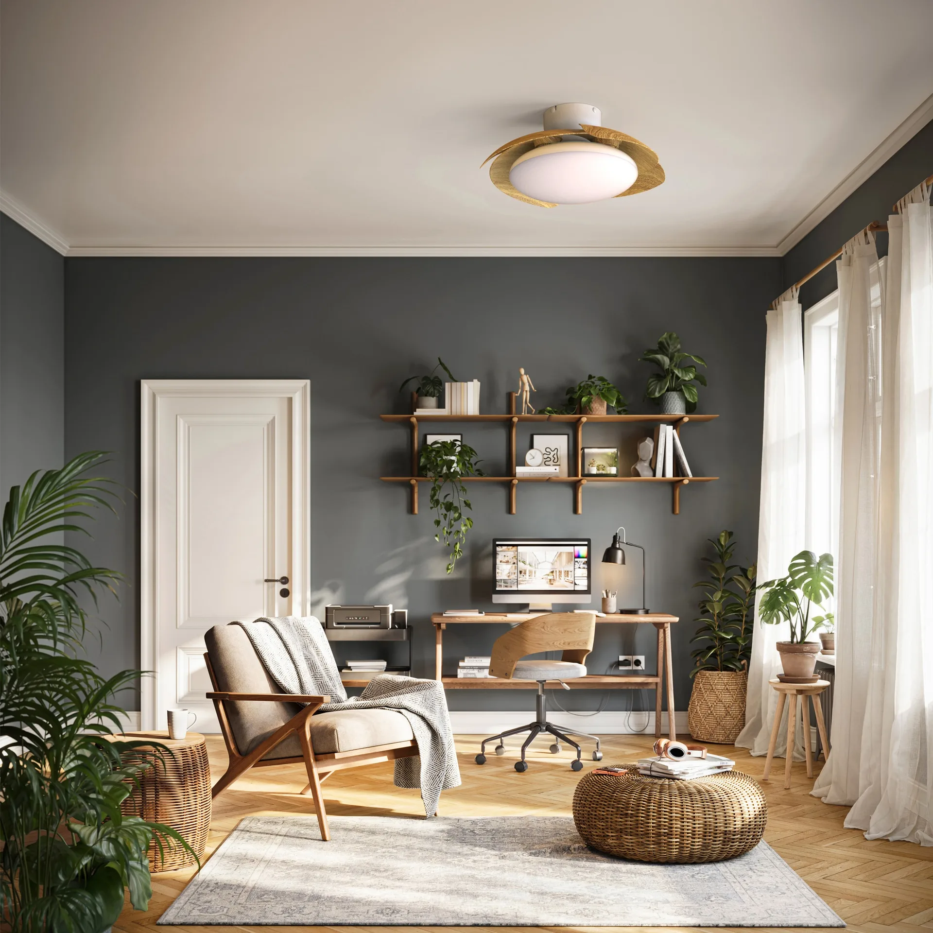 Ventilador plafón Aloha II con aspas retráctiles y LED regulable Ventilador de techo tipo plafón Aloha II con aspas retráctiles, motor DC y luz LED regulable