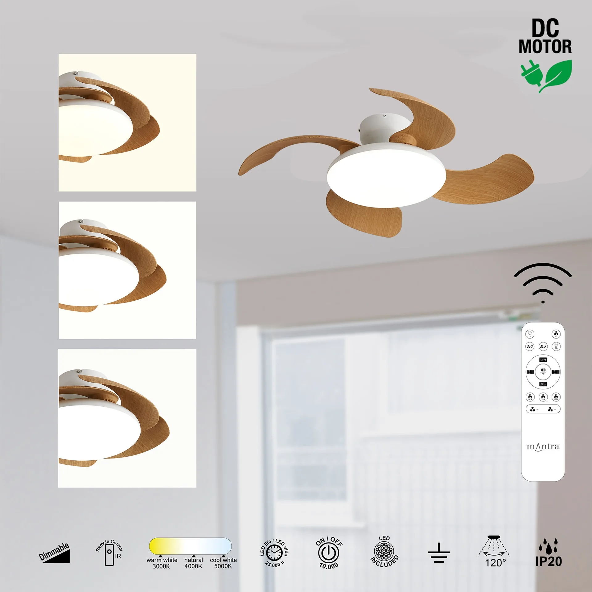 Ventilador plafón Aloha II con aspas retráctiles y LED regulable Ventilador de techo tipo plafón Aloha II con aspas retráctiles, motor DC y luz LED regulable