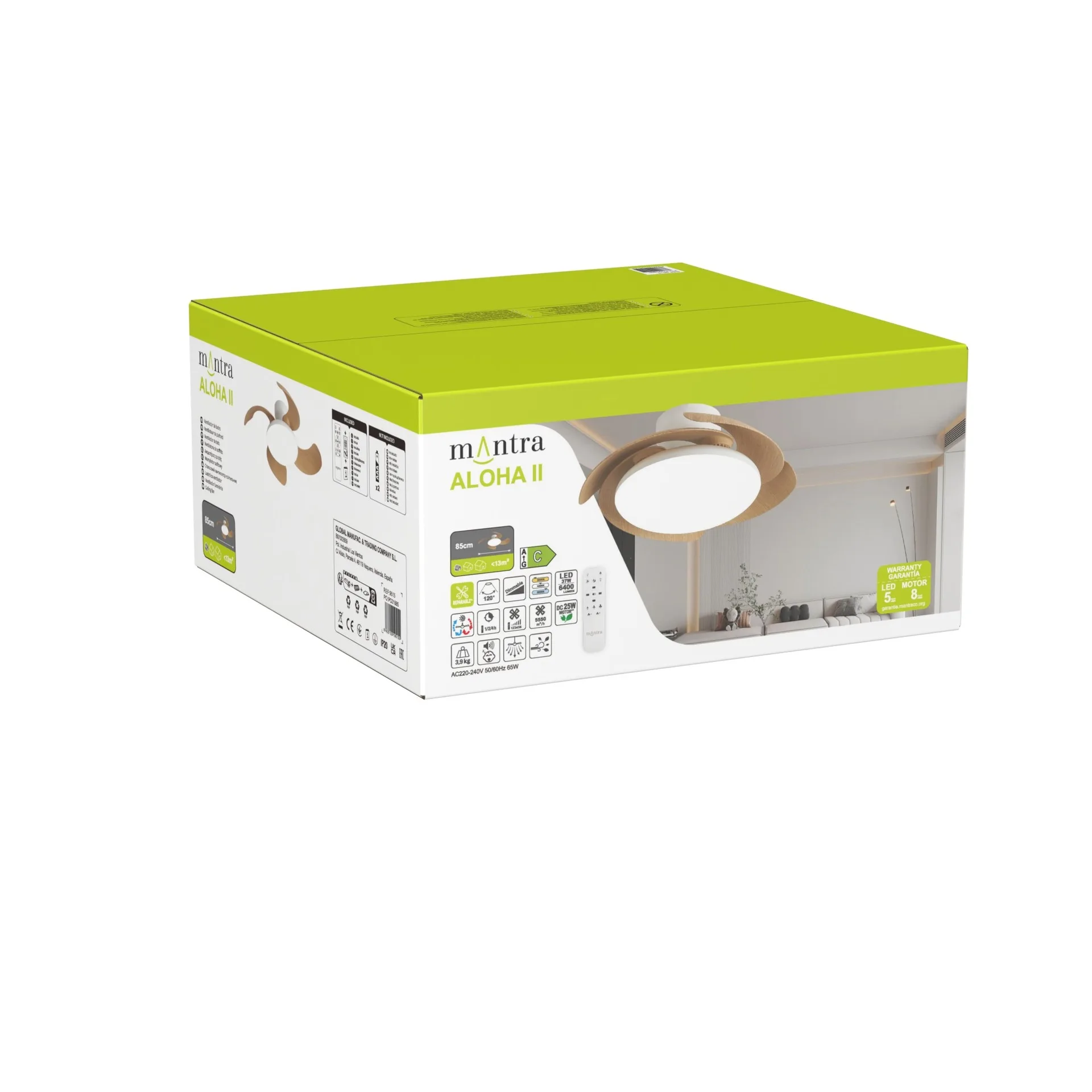 Ventilador plafón Aloha II con aspas retráctiles y LED regulable Ventilador de techo tipo plafón Aloha II con aspas retráctiles, motor DC y luz LED regulable