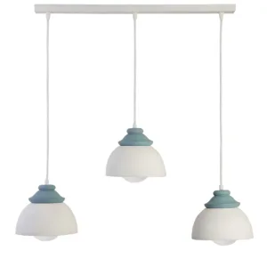 Regleta con tres luces colgantes en cerámica blanca y azul, disponible en Lámparas Móstoles.