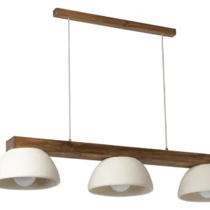 Regleta de lámpara de 3 luces en cerámica color blanco y madera oscura, diámetro de 28 cm.