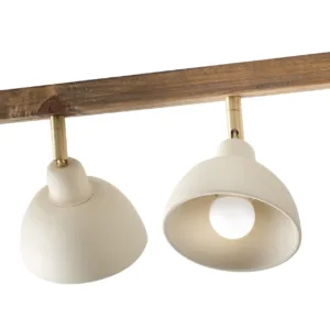 Regleta de techo 4 luces orientables de cerámica blanca y madera natural, ideal para cocinas y comedores.