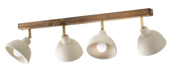 Regleta de techo 4 luces orientables de cerámica blanca y madera natural, ideal para cocinas y comedores.