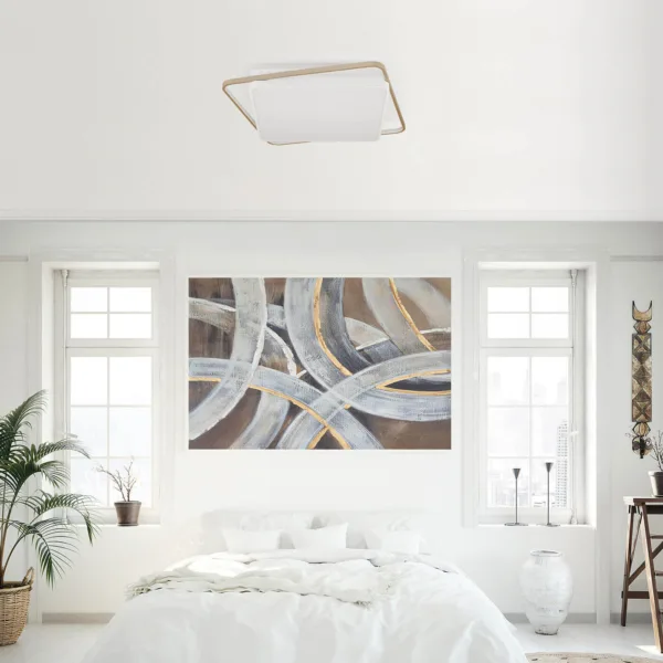 Plafón de techo LED Base con diseño moderno y regulable en color blanco y dorado.