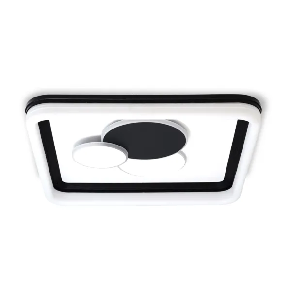 Plafón de techo LED cuadrado modelo Pao en color blanco y gris, con diseño de tres círculos superpuestos, ideal para interiores modernos.