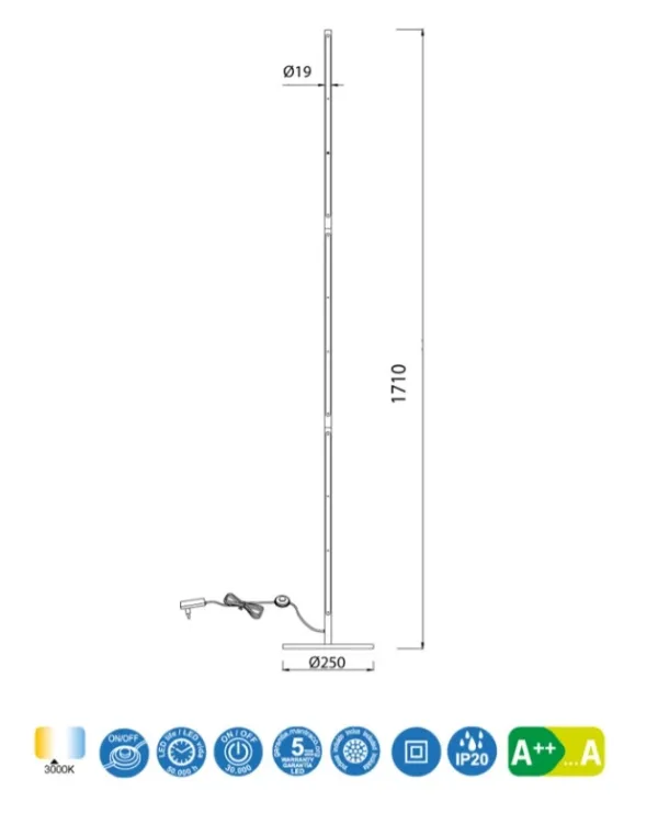 Lámpara de pie de diseño minimalista en acabado negro mate, con iluminación LED integrada de 25W, luz cálida de 3000K y 1950 lúmenes.