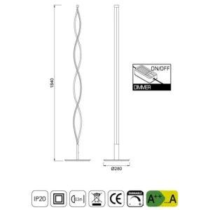 Lámpara de pie de diseño minimalista en acabado plata, con luz LED integrada de 28W y altura de 185 cm.