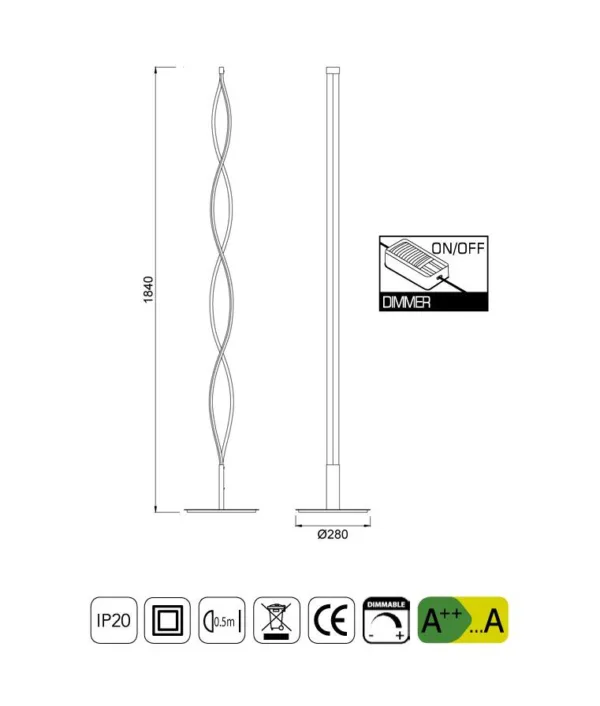 Lámpara de pie de diseño minimalista en acabado plata, con luz LED integrada de 28W y altura de 185 cm.