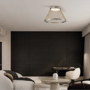 Plafón modelo Spider de color gris, una lámpara moderna de diseño minimalista, ideal para techos de salones, dormitorios y oficinas. Fuente de luz LED de 43W y 3000K, incluye detalles de su fabricación en aluminio.