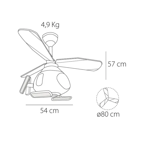 Descubre el ventilador de techo infantil Topa, con diseño de helicóptero, iluminación LED RGB regulable y Bluetooth. 6 velocidades, 3 tonalidades de luz y aspas de madera.