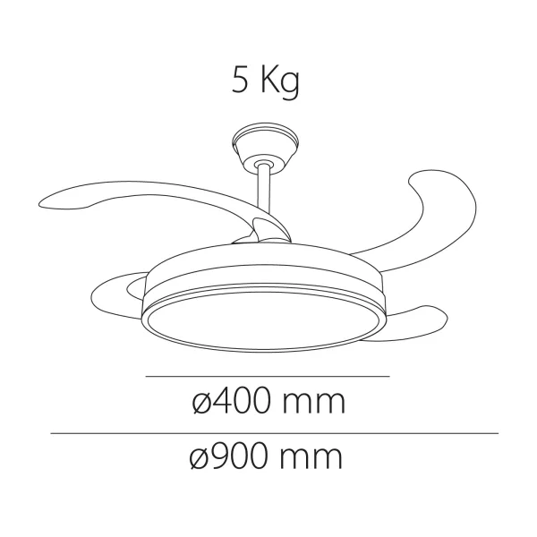 Ventilador de techo Brezza con aspas escamoteables, luz LED regulable en tres tonalidades (3000K, 4000K y 6000K) y motor DC de 6 velocidades. Disponible en blanco con difusor Skoll blanco y negro con difusor Cata negro.