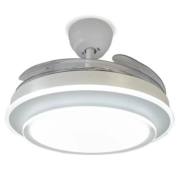 Ventilador de techo Vietor con aspas escamoteables, luz LED regulable en tres tonalidades (3000K, 4000K y 6000K) y 6 velocidades con motor DC de bajo consumo. Incluye mando a distancia. Disponible en blanco con difusor