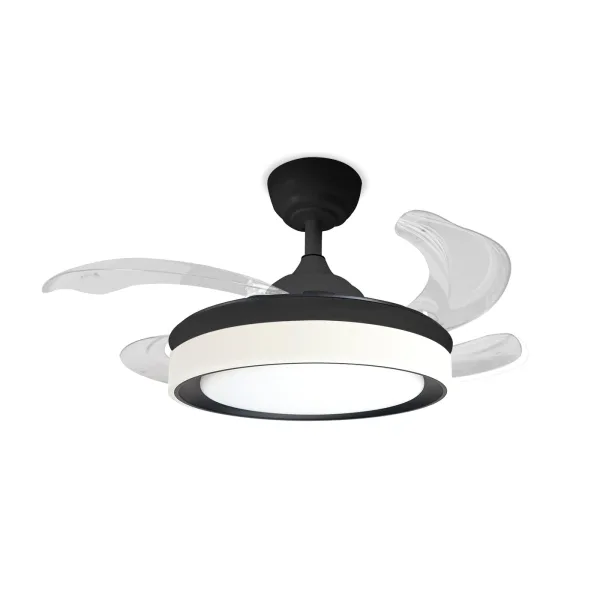 Ventilador de techo Brezza con aspas escamoteables, luz LED regulable en tres tonalidades (3000K, 4000K y 6000K) y motor DC de 6 velocidades. Disponible en blanco con difusor Skoll blanco y negro con difusor Cata negro.