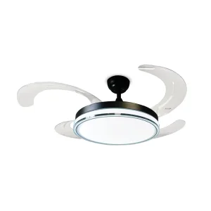 Ventilador de techo Vietor con aspas escamoteables, luz LED regulable en tres tonalidades (3000K, 4000K y 6000K) y 6 velocidades con motor DC de bajo consumo. Incluye mando a distancia. Disponible en blanco con difusor