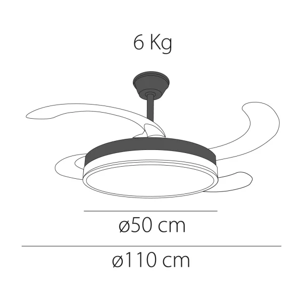 Ventilador de techo Vietor con aspas escamoteables, luz LED regulable en tres tonalidades (3000K, 4000K y 6000K) y 6 velocidades con motor DC de bajo consumo. Incluye mando a distancia. Disponible en blanco con difusor
