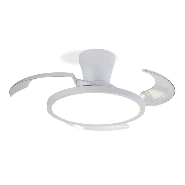 Ventilador de techo Eolo Slim, disponible en 40 cm y 50 cm de diámetro, con aspas escamoteables, luz LED regulable en tres tonalidades y motor DC silencioso de 6 velocidades. Difusor antideslumbrante y garantía de 5 años en el motor.