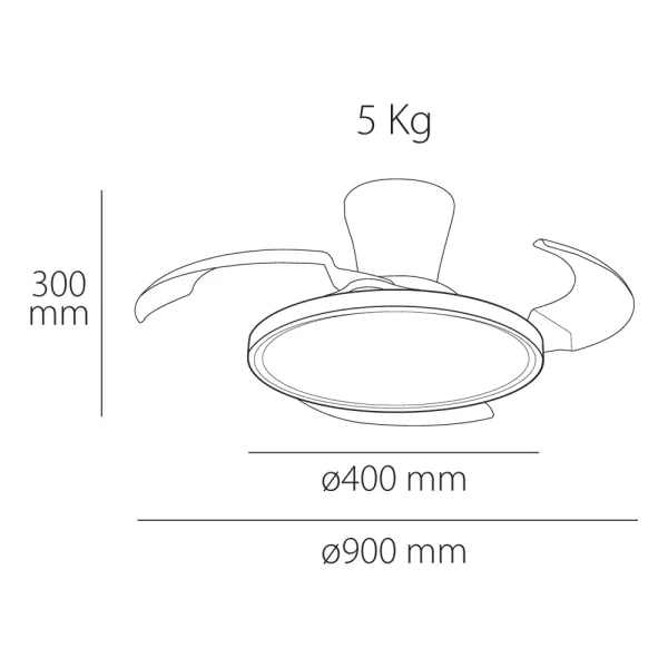 Ventilador de techo Eolo Slim, disponible en 40 cm y 50 cm de diámetro, con aspas escamoteables, luz LED regulable en tres tonalidades y motor DC silencioso de 6 velocidades. Difusor antideslumbrante y garantía de 5 años en el motor.