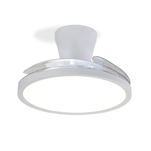 Ventilador de techo Eolo Slim, disponible en 40 cm y 50 cm de diámetro, con aspas escamoteables, luz LED regulable en tres tonalidades y motor DC silencioso de 6 velocidades. Difusor antideslumbrante y garantía de 5 años en el motor.