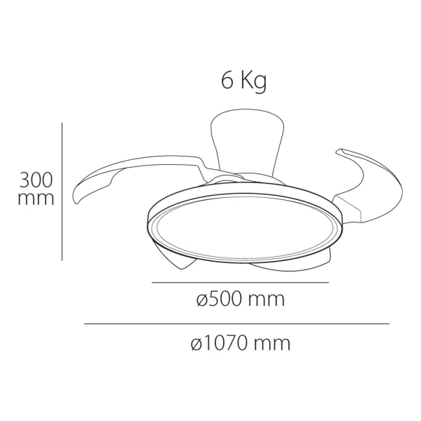 Ventilador de techo Eolo Slim, disponible en 40 cm y 50 cm de diámetro, con aspas escamoteables, luz LED regulable en tres tonalidades y motor DC silencioso de 6 velocidades. Difusor antideslumbrante y garantía de 5 años en el motor.