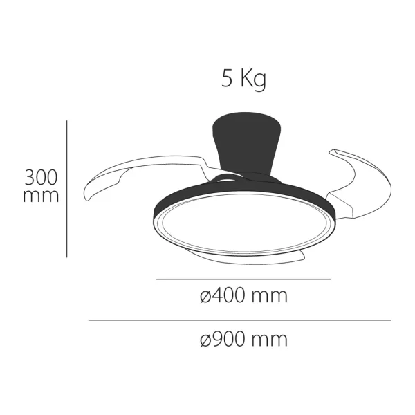 Ventilador de techo Eolo Slim, disponible en 40 cm y 50 cm de diámetro, con aspas escamoteables, luz LED regulable en tres tonalidades y motor DC silencioso de 6 velocidades. Difusor antideslumbrante y garantía de 5 años en el motor.