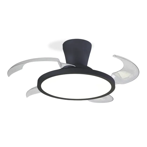 Ventilador de techo Eolo Slim, disponible en 40 cm y 50 cm de diámetro, con aspas escamoteables, luz LED regulable en tres tonalidades y motor DC silencioso de 6 velocidades. Difusor antideslumbrante y garantía de 5 años en el motor.