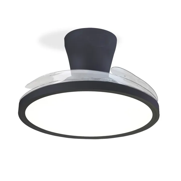 Ventilador de techo Eolo Slim, disponible en 40 cm y 50 cm de diámetro, con aspas escamoteables, luz LED regulable en tres tonalidades y motor DC silencioso de 6 velocidades. Difusor antideslumbrante y garantía de 5 años en el motor.