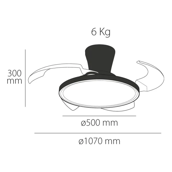 Ventilador de techo Eolo Slim, disponible en 40 cm y 50 cm de diámetro, con aspas escamoteables, luz LED regulable en tres tonalidades y motor DC silencioso de 6 velocidades. Difusor antideslumbrante y garantía de 5 años en el motor.