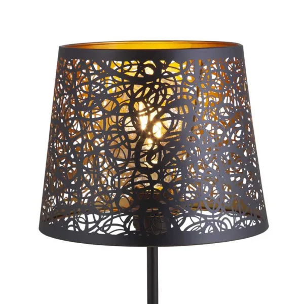 Lámpara de sobremesa GRASSE, fabricada en metal con exterior en negro mate e interior en oro mate. Compatible con bombillas E27 y tecnología LED. Diseño elegante y sofisticado para salones, dormitorios y oficinas.