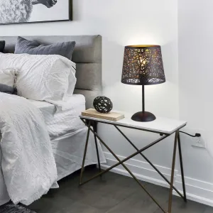 Lámpara de sobremesa GRASSE, fabricada en metal con exterior en negro mate e interior en oro mate. Compatible con bombillas E27 y tecnología LED. Diseño elegante y sofisticado para salones, dormitorios y oficinas.