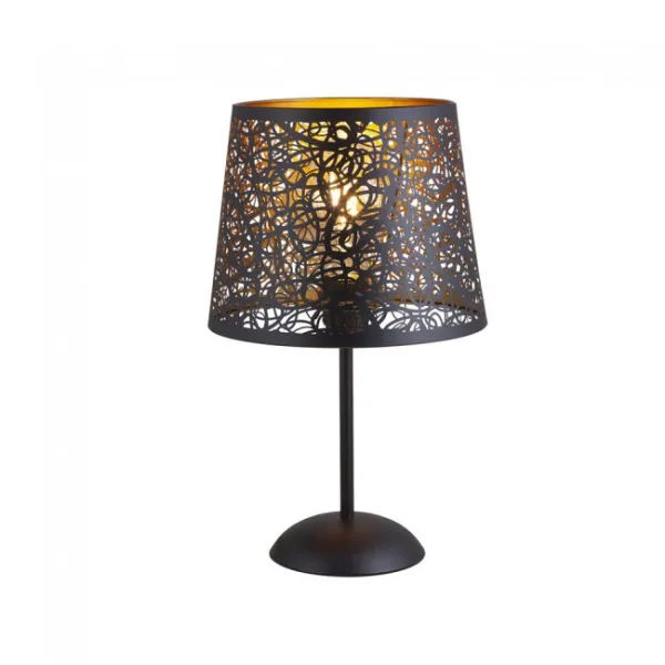 Lámpara de sobremesa GRASSE, fabricada en metal con exterior en negro mate e interior en oro mate. Compatible con bombillas E27 y tecnología LED. Diseño elegante y sofisticado para salones, dormitorios y oficinas.