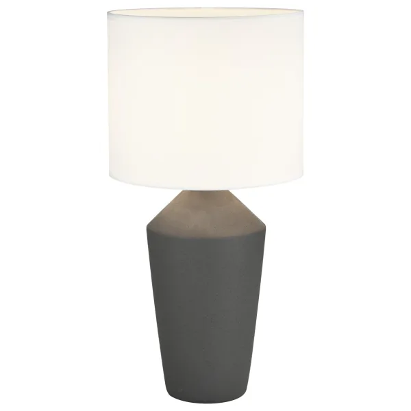 Lámpara de sobremesa con base de cerámica en cuatro colores y pantalla de tela blanca. Aporta una luz cálida y acogedora ideal para salones y dormitorios, con un diseño elegante y sofisticado.