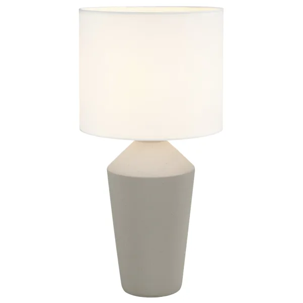 Lámpara de sobremesa con base de cerámica en cuatro colores y pantalla de tela blanca. Aporta una luz cálida y acogedora ideal para salones y dormitorios, con un diseño elegante y sofisticado.