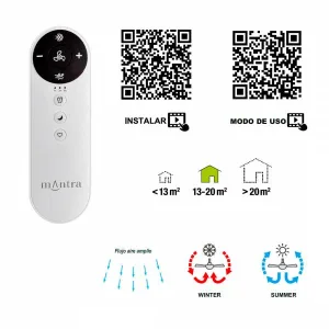 Ventilador de techo Ipanema III Blanco, sin luz, con tres aspas y motor DC de 6 velocidades. Consumo de 4,5W a 32W, silencioso y de bajo consumo. Incluye dos tijas para ajuste de altura. Diámetro de 107 cm, ideal para estancias de 13 a 20 m².