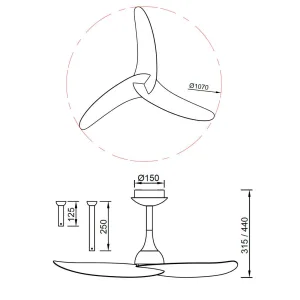 Ventilador de techo Ipanema III Blanco, sin luz, con tres aspas de madera y motor DC de 6 velocidades. Consumo de 4,5W a 32W, silencioso y de bajo consumo. Incluye dos tijas para ajuste de altura. Diámetro de 107 cm, ideal para estancias de 13 a 20 m².