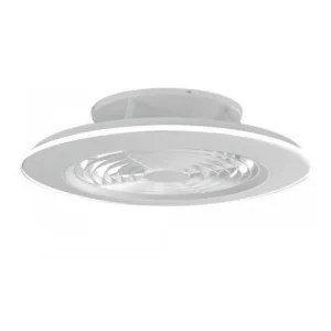 Ventilador de techo Alisio con diseño compacto, aspas ocultas, luz LED regulable, motor DC silencioso y control desde mando o app.