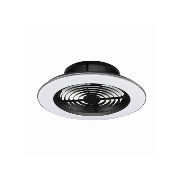 Ventilador de techo Alisio con diseño compacto, aspas ocultas, luz LED regulable, motor DC silencioso y control desde mando o app.