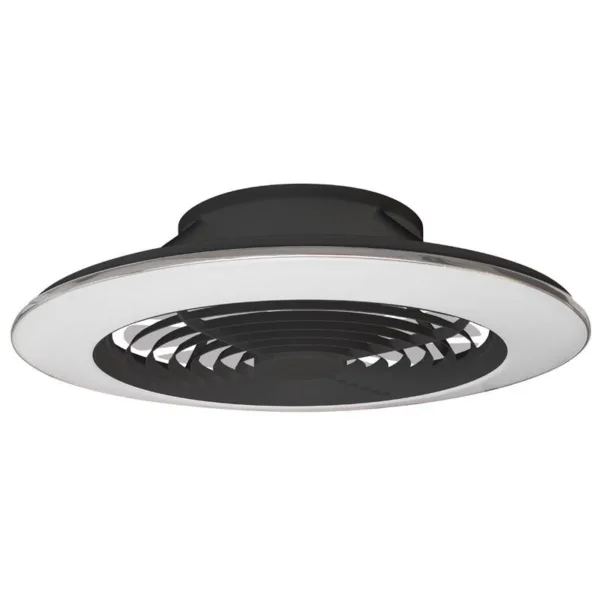 Ventilador de techo Alisio con diseño compacto, aspas ocultas, luz LED regulable, motor DC silencioso y control desde mando o app.