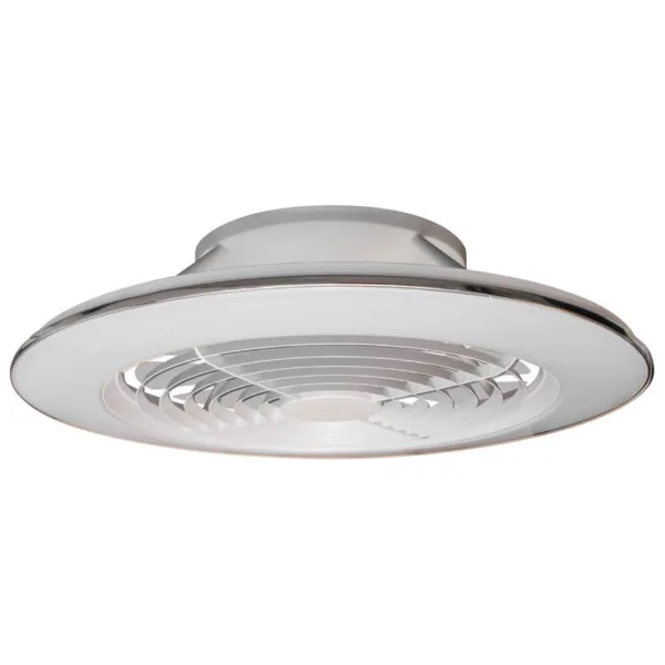 Ventilador de techo Alisio con diseño compacto, aspas ocultas, luz LED regulable, motor DC silencioso y control desde mando o app.