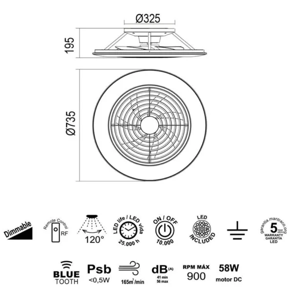 Ventilador de techo Alisio con diseño compacto, aspas ocultas, luz LED regulable, motor DC silencioso y control desde mando o app.