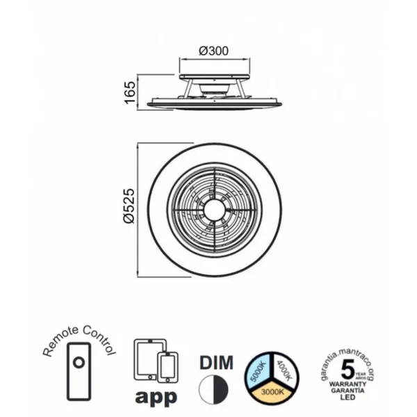 Ventilador de techo Alisio con diseño compacto, aspas ocultas, luz LED regulable, motor DC silencioso y control desde mando o app.
