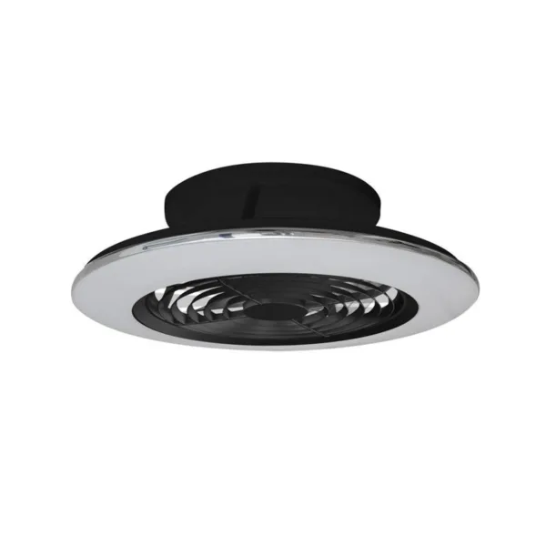 Ventilador de techo Alisio con diseño compacto, aspas ocultas, luz LED regulable, motor DC silencioso y control desde mando o app.