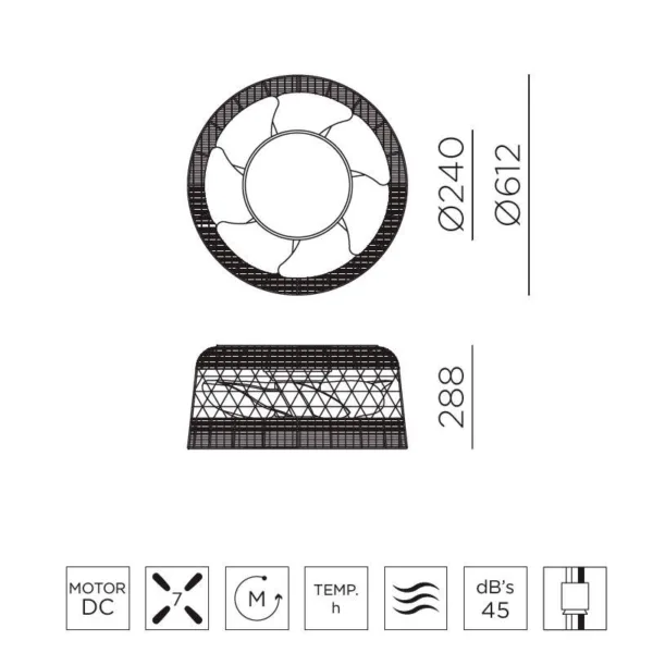 Ventilador Ibiza blanco con diseño en ratán natural, luz LED regulable y motor silencioso