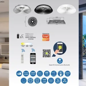 Ventilador plafón Himalaya con aspas internas, luz LED y motor silencioso, en blanco, negro y madera