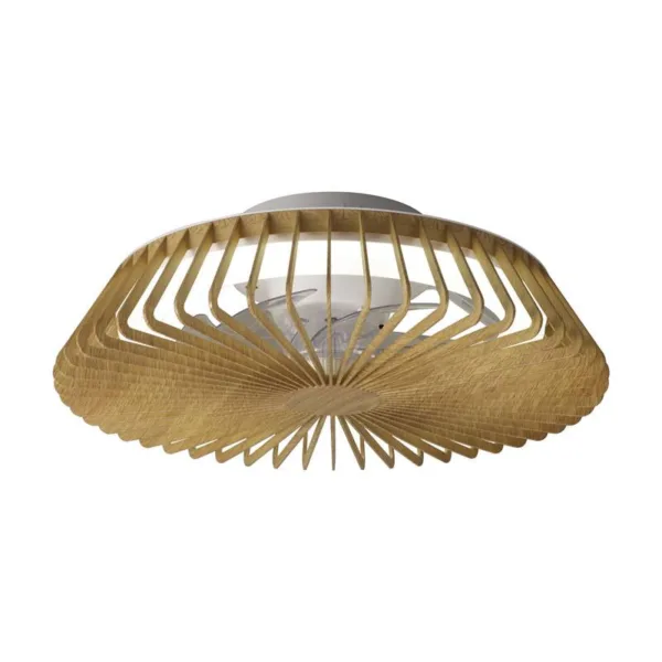 Ventilador plafón Himalaya con aspas internas, luz LED y motor silencioso, en blanco, negro y madera