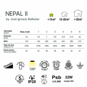 Ventilador de techo Nepal con motor DC ultra silencioso, disponible en diámetros de 105 cm y 75 cm, luz LED regulable en intensidad y temperatura de color (2700 K–5000 K), control mediante mando a distancia, app móvil y asistentes de voz. Ideal para estancias de 13 a más de 20 m².