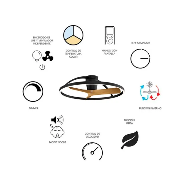 Ventilador de techo Nepal con motor DC ultra silencioso, disponible en diámetros de 105 cm y 75 cm, luz LED regulable en intensidad y temperatura de color (2700 K–5000 K), control mediante mando a distancia, app móvil y asistentes de voz. Ideal para estancias de 13 a más de 20 m².