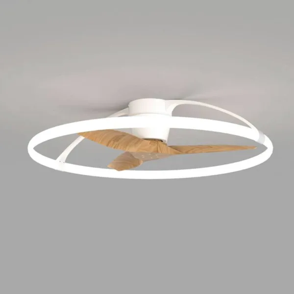 Ventilador de techo Nepal, disponible en versiones de 105 cm y 75 cm, con motor DC ultra silencioso, luz LED regulable en intensidad y temperatura de color, y control inteligente mediante mando a distancia, app móvil y asistentes de voz. Diseño moderno y eficiente para estancias de 13 a 20 m².